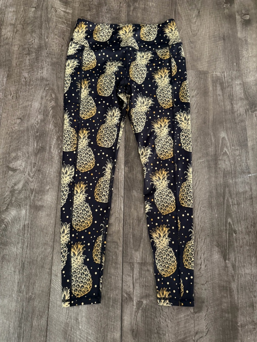 Constantly Varied Gear Black Leggings with Gold Pineapple Print NWOT